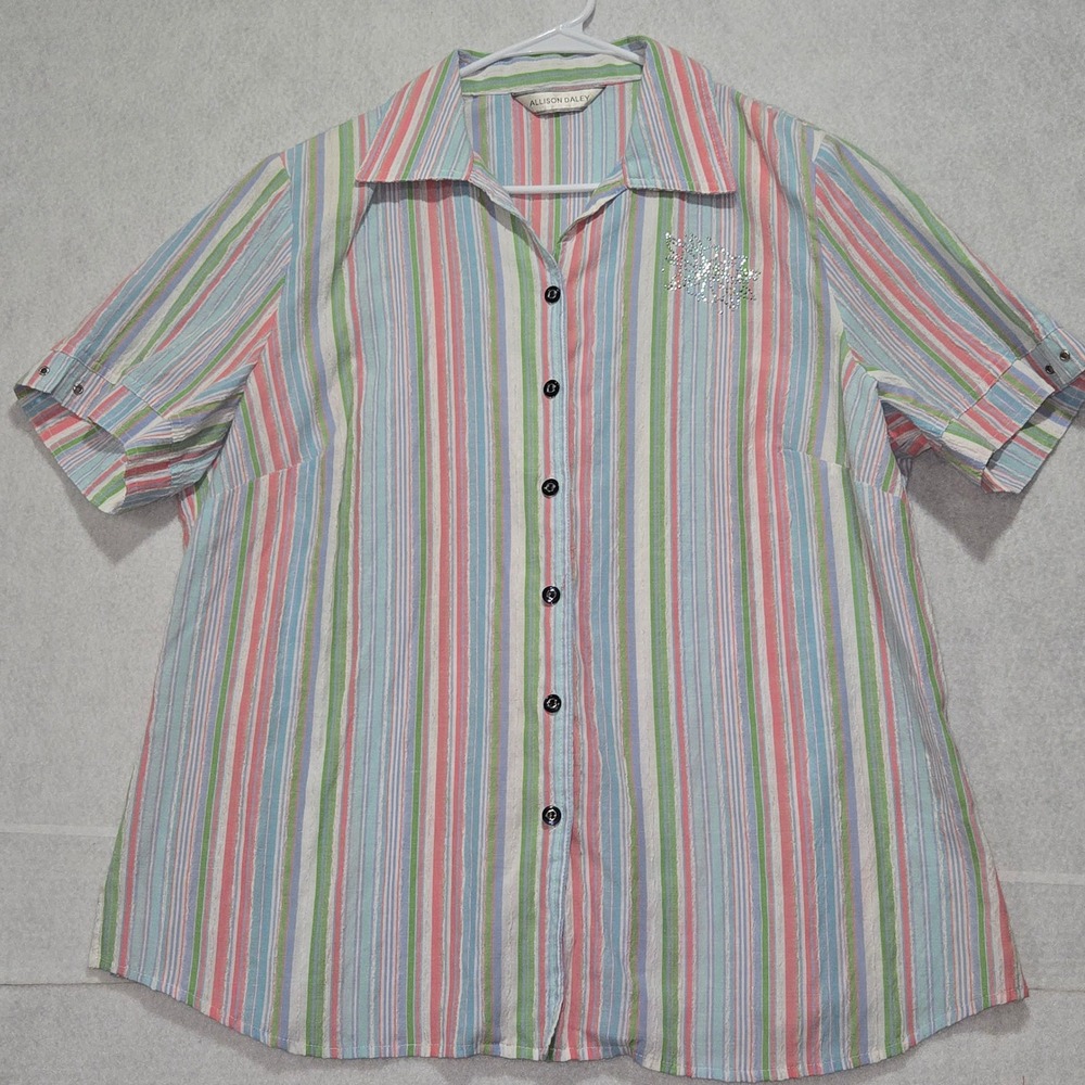 ALLISON DALEY‎ Striped Rhinestone Embellished Short Sleeve Button Up Shirt  XL